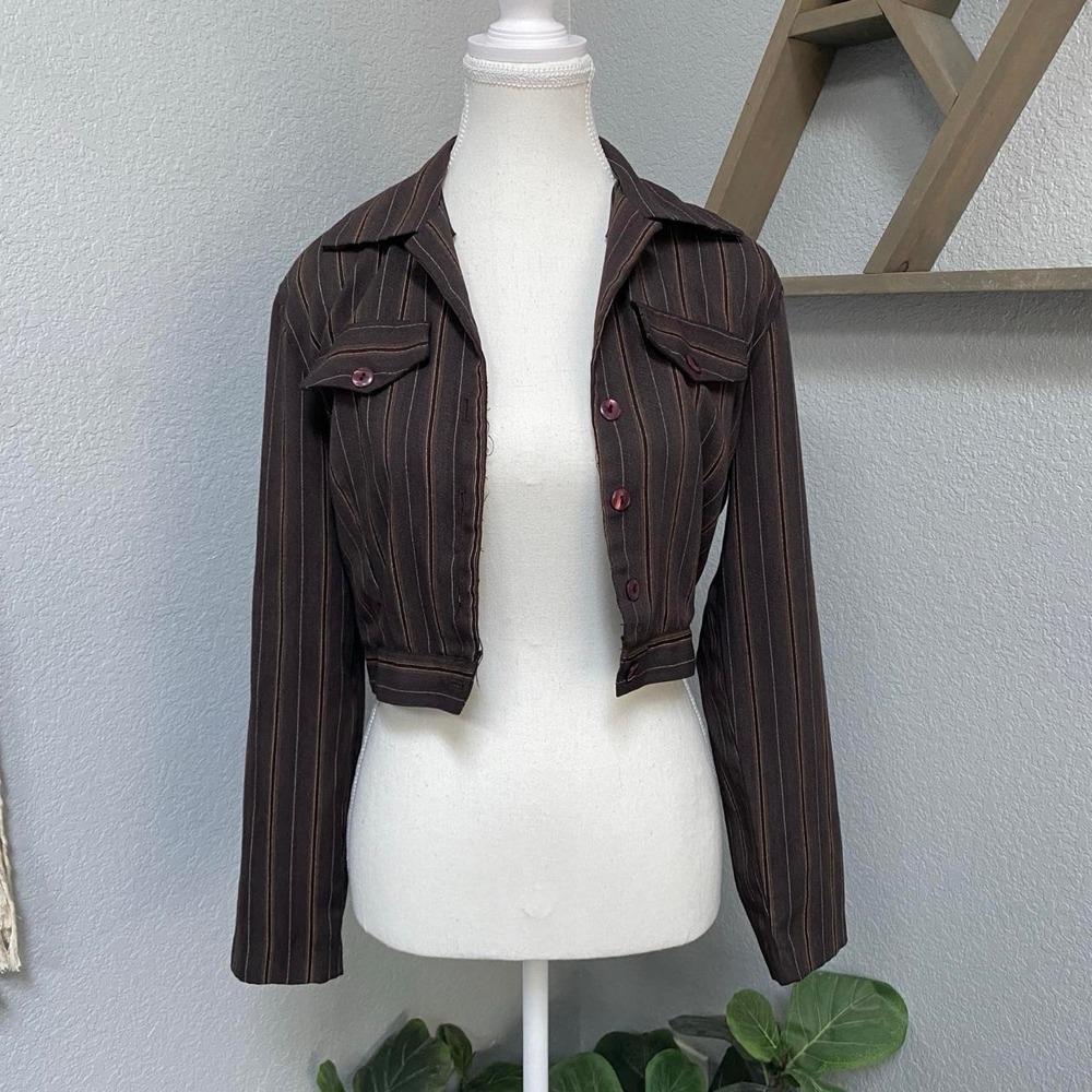 VINTAGE BROWN PINSTRIPE CROP BLAZER JACKET DARK ACADEMIA GRUNGE ALT SCHOOLGIRL